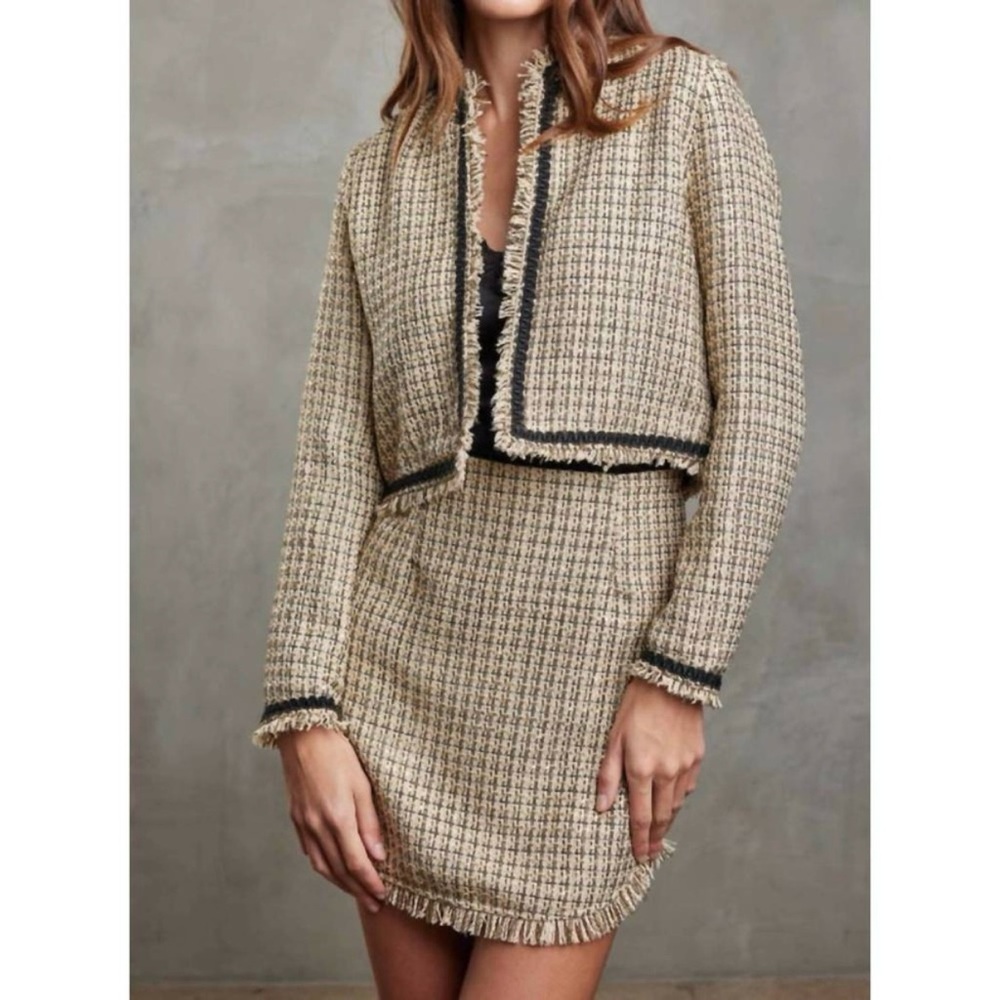 Sundays by We Are Sundays Aleena Tweed Crop Blazer Gold Black Womans Sz LG